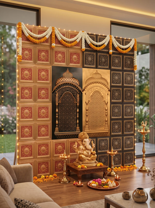 Maper Ganpati Backdrop Set — Antique Gold & Gold Red AG-RG-2 (12-Four-Partition Panel, 2 Zarokha)