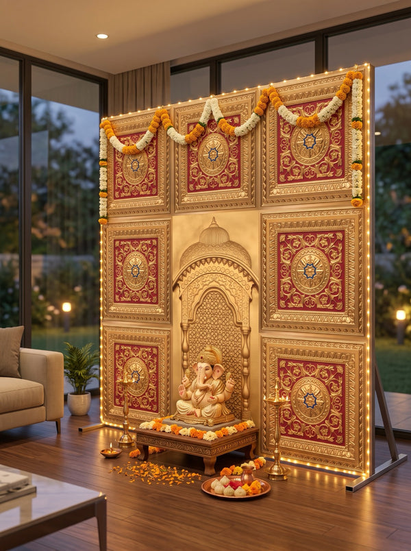 Maper Ganpati Backdrop Set — Gold Red C3 (7-2×2 Panel, 1 Zarokha)