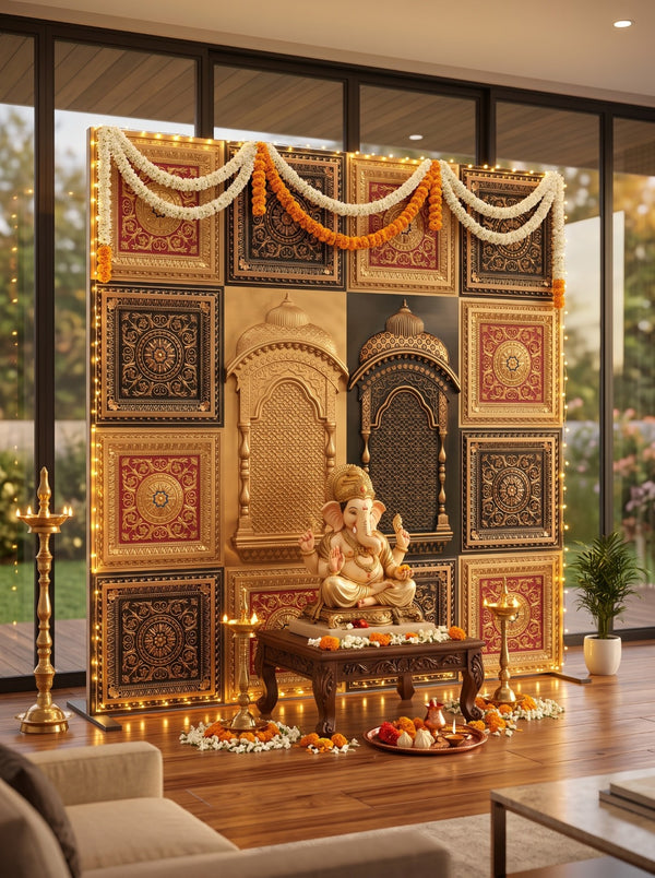 Maper Ganpati Backdrop Set — Antique Gold & Gold Red AG-RG-4 (12-2×2 Panel, 2 Zarokha)