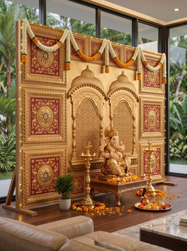 Maper Ganpati Backdrop Set — Gold Red RG-2 (8-1×1 Panel, 6-2×2 Panel, 2 Zarokha)