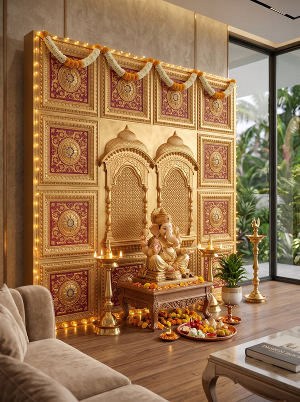 Maper Ganpati Backdrop Set — Gold Red RG-4 (12-2×2 Panel, 2 Zarokha)