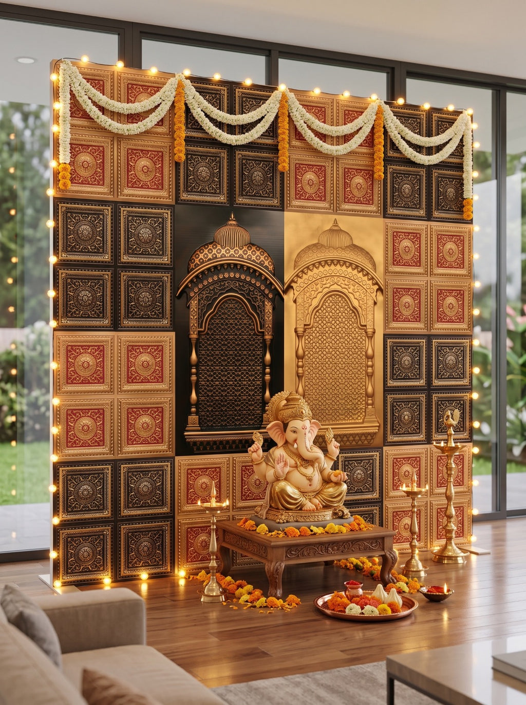 Antique Gold and Gold Red Ganpati backdrop AG-RG-1 styled with idol