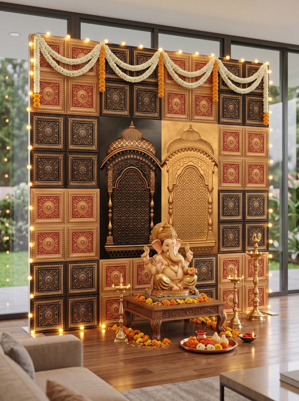 Maper Ganpati Backdrop Set — Antique Gold & Gold Red AG-RG-1 (12-Four-Partition Panel, 2 Zarokha)