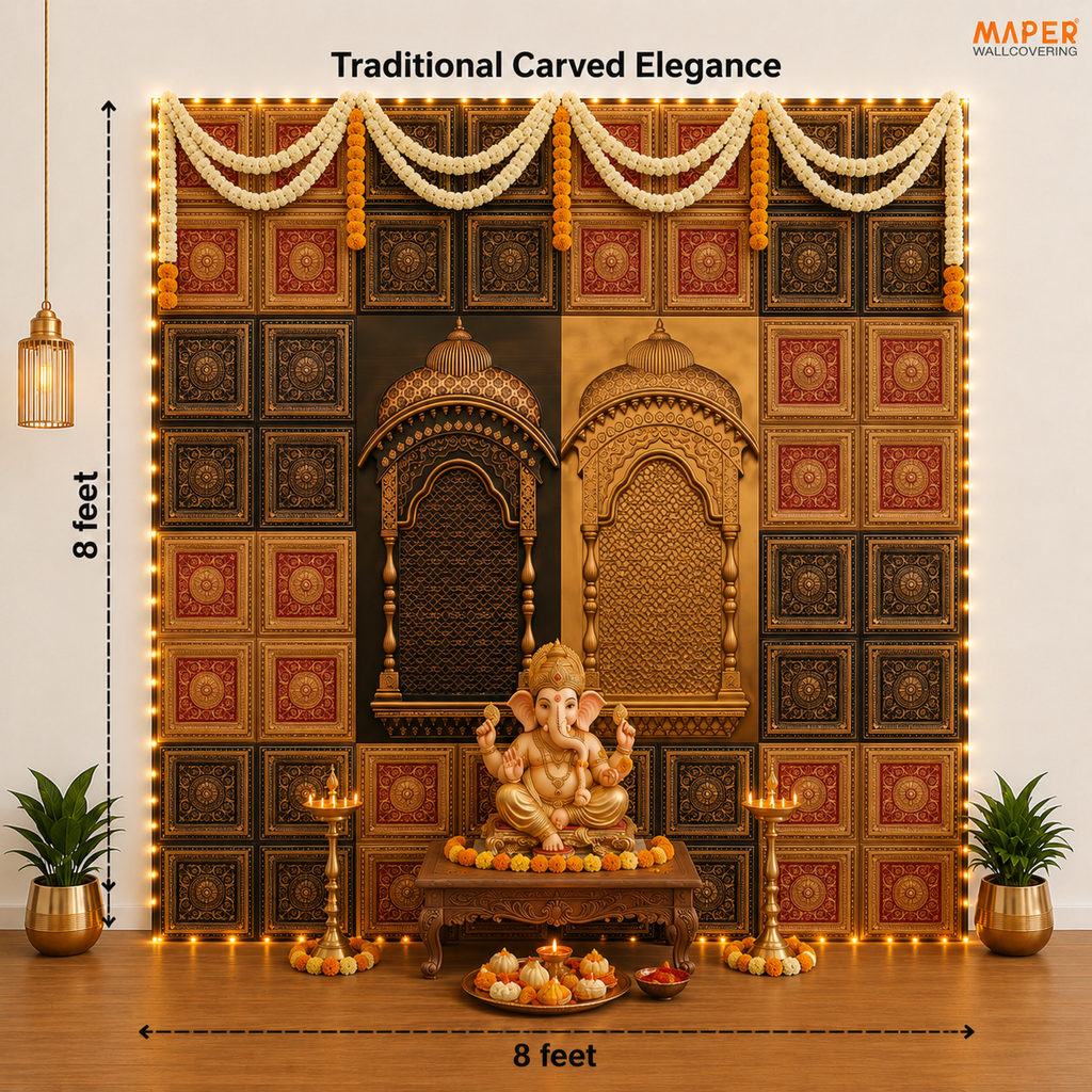 Antique Gold and Gold Red Ganpati backdrop AG-RG-1 — assembled 8 × 8 ft layout