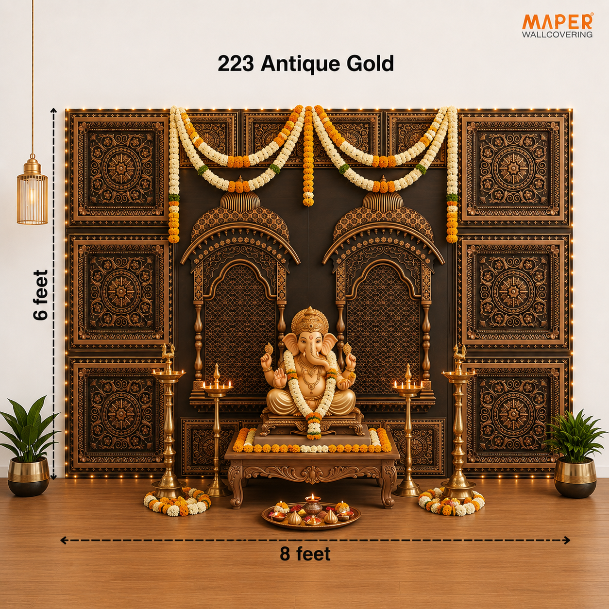Antique Gold Ganpati backdrop AG-1 — assembled 6 × 8 ft layout