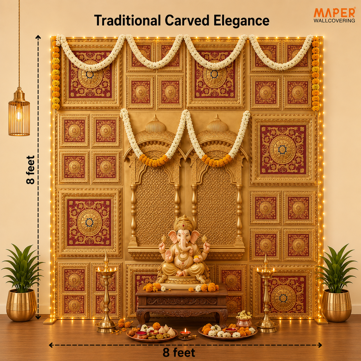 Gold Red Ganpati backdrop RG-3 — assembled 8 × 8 ft layout