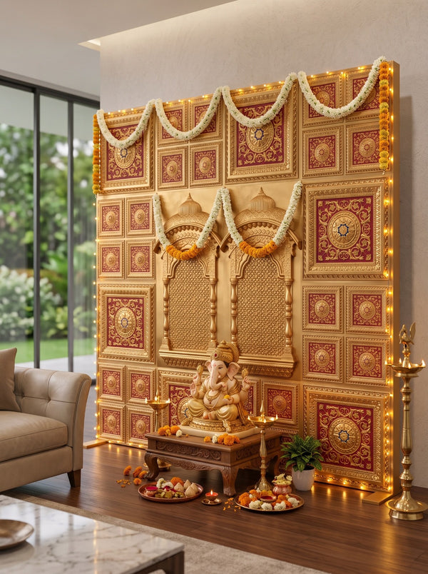 Maper Ganpati Backdrop Set — Gold Red RG-3 (6-2×2 Panel, 6-Four-Partition Panel, 2 Zarokha)