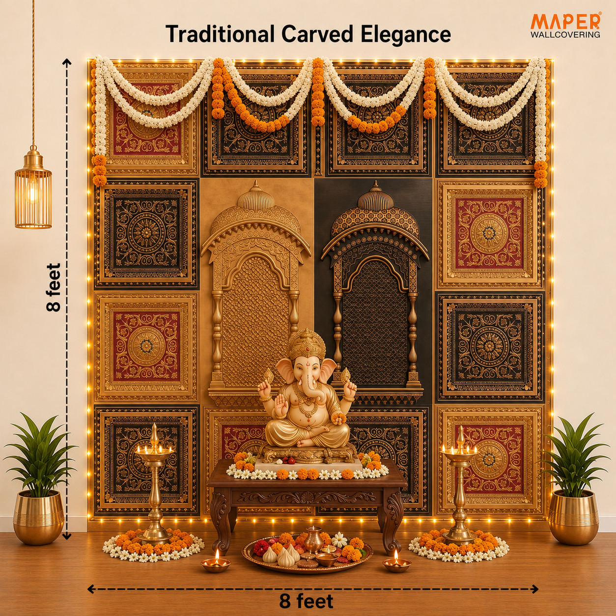 Antique Gold and Gold Red Ganpati backdrop AG-RG-4 — assembled 8 × 8 ft layout