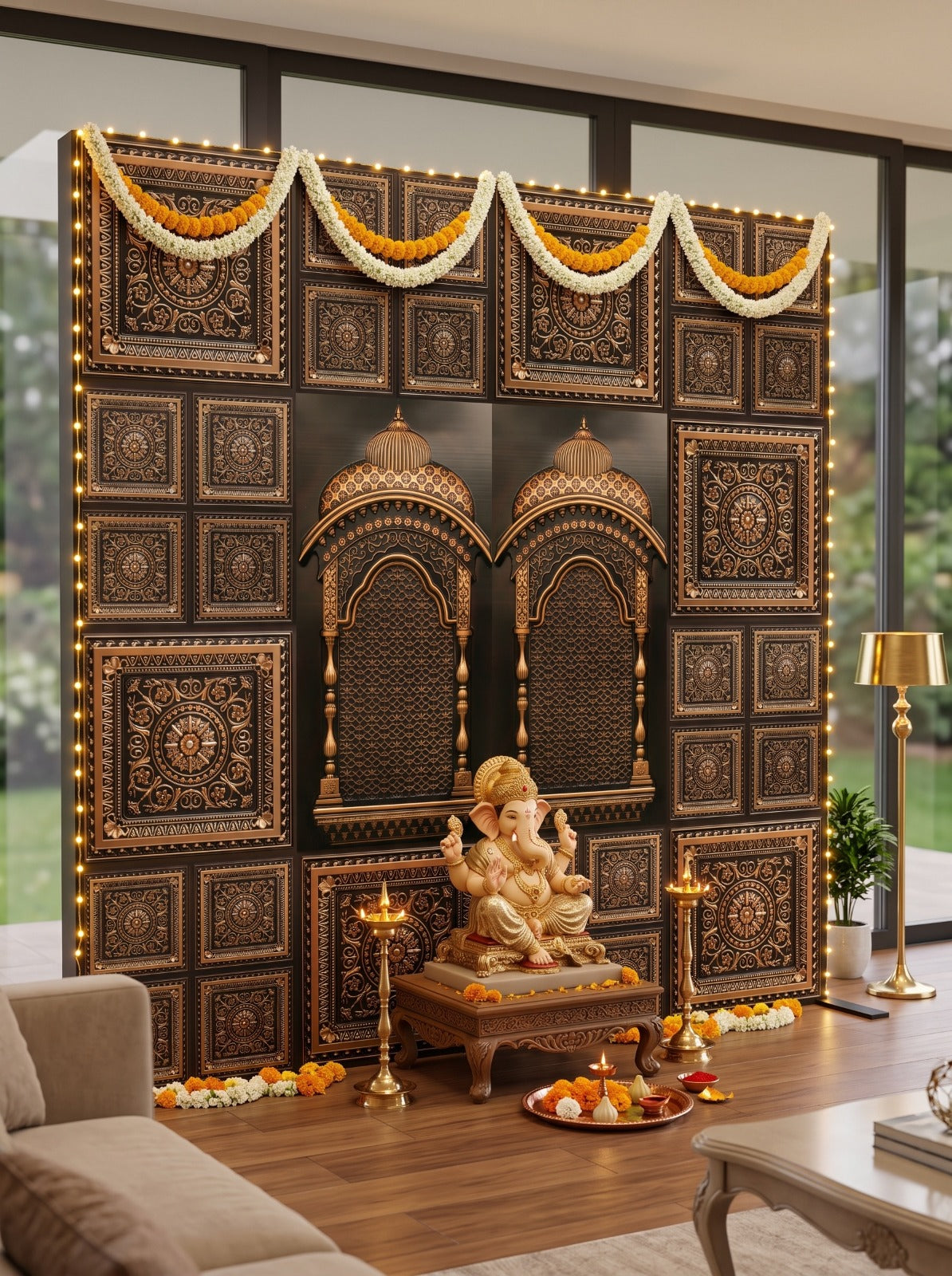 Antique Gold Ganpati backdrop AG-2 styled with idol