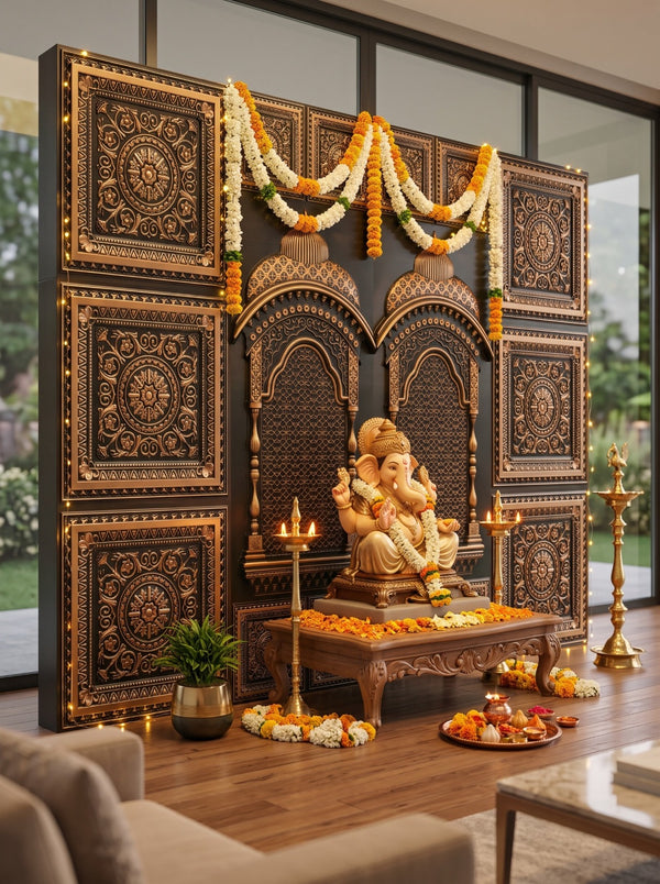 Maper Ganpati Backdrop Set — Antique Gold AG-1 (8-1×1 Panel, 6-2×2 Panel, 2 Zarokha)