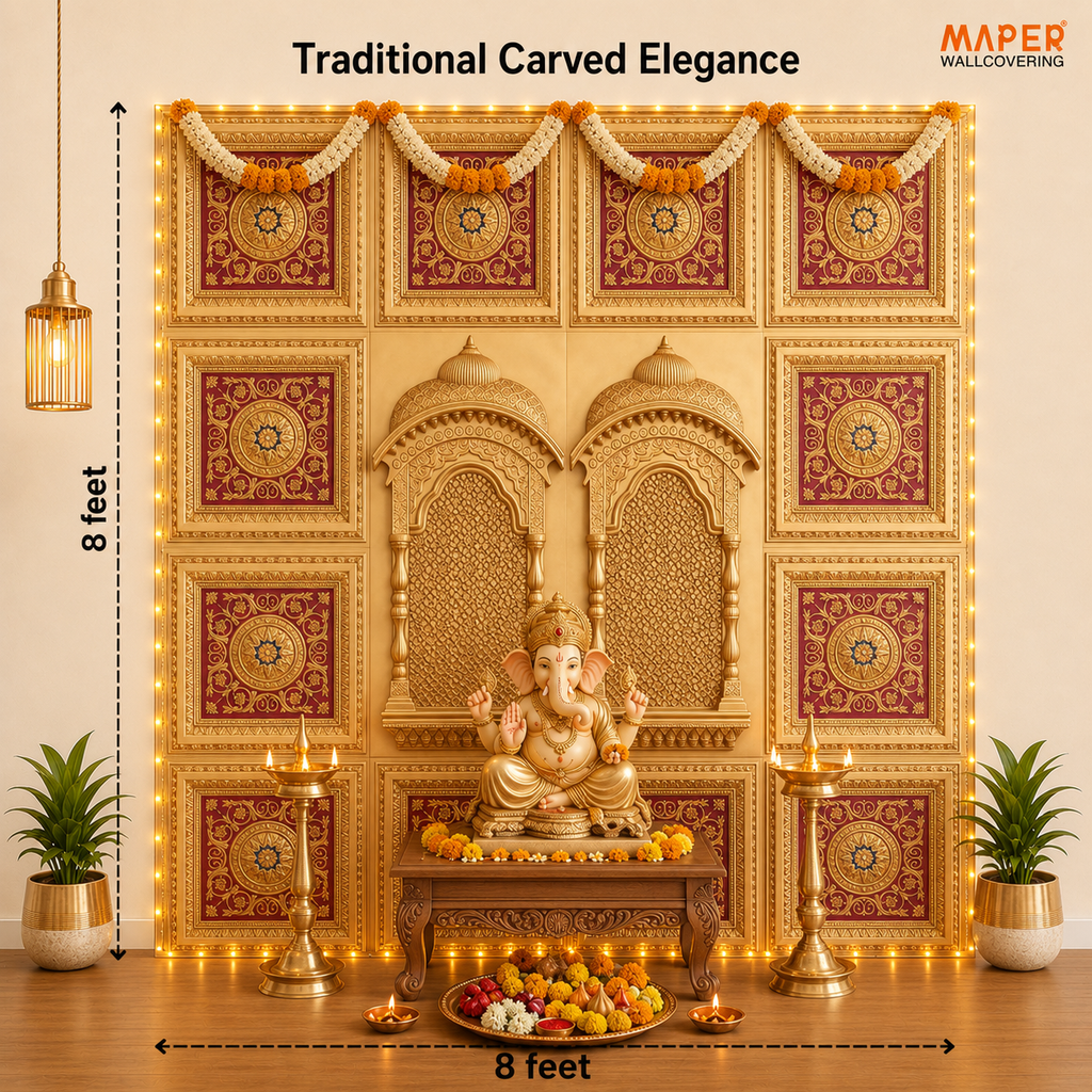Gold Red Ganpati backdrop RG-4 — assembled 8 × 8 ft layout