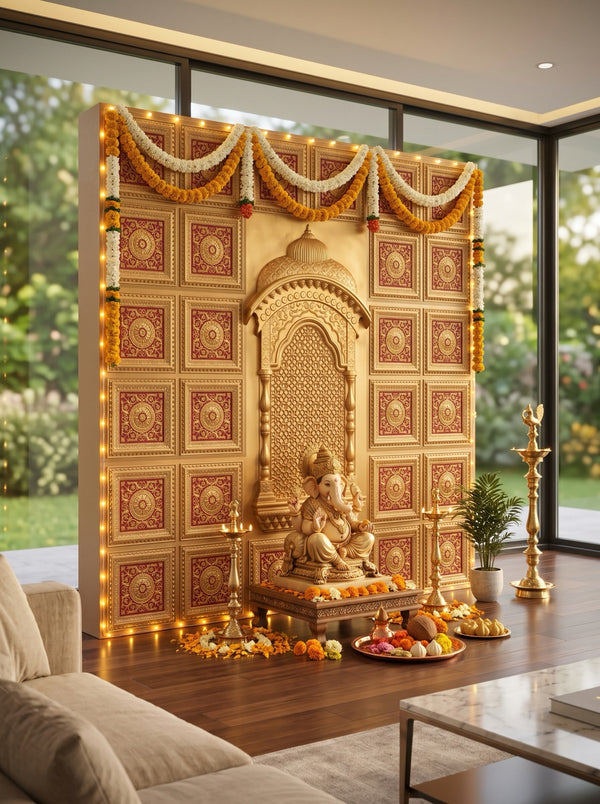 Maper Ganpati Backdrop Set — Gold Red C2 (4-1×1 Panel, 6-Four-Partition Panel, 1 Zarokha)