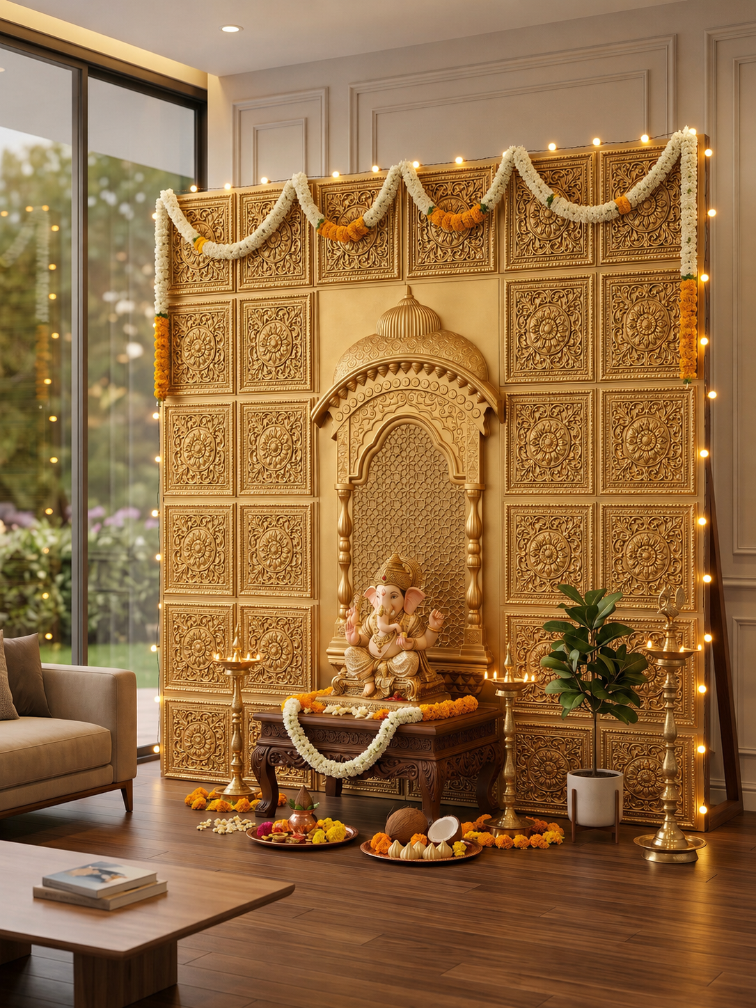 Maper Ganpati Backdrop Panel — Gold 1×1 3