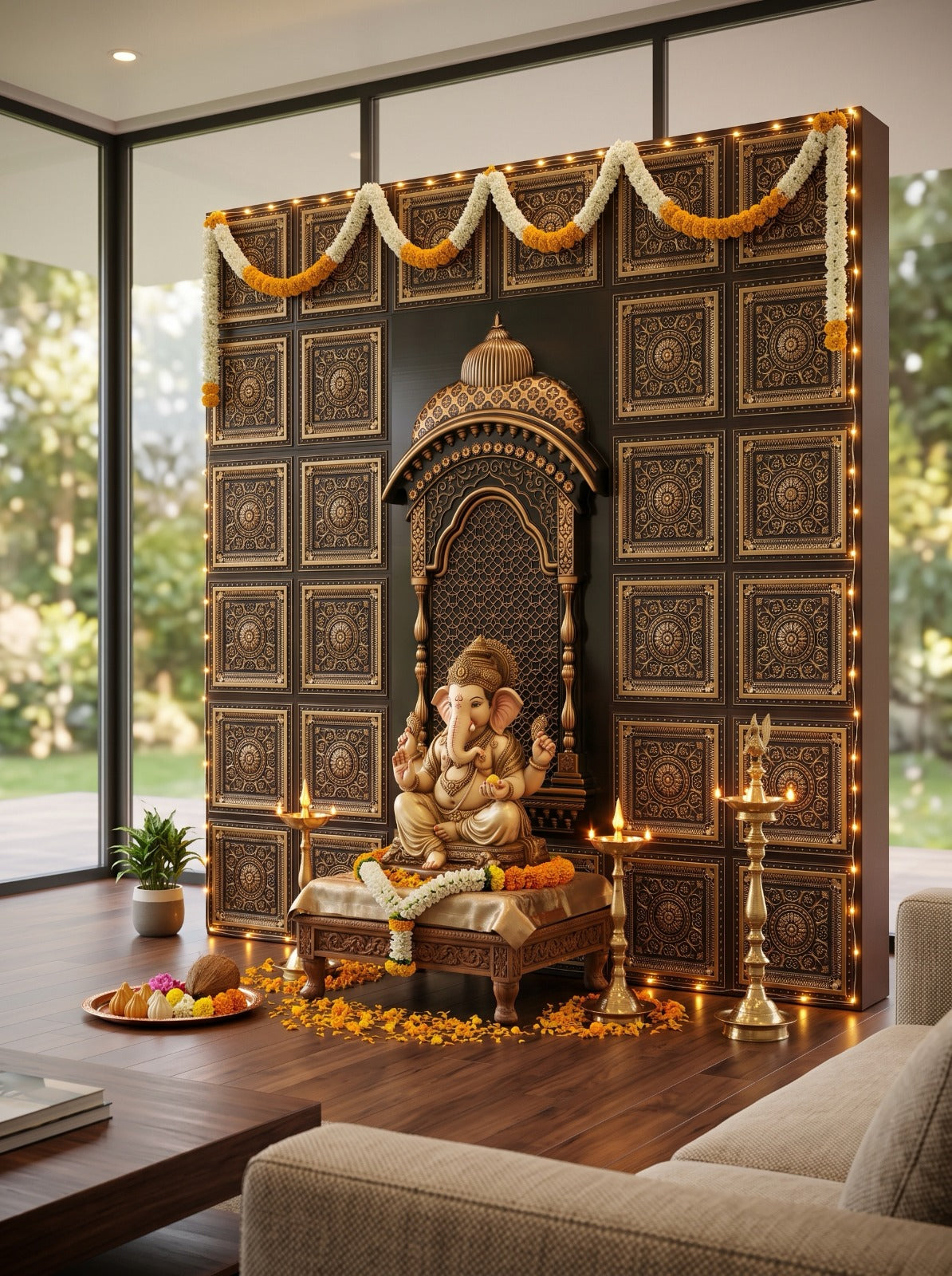 Maper Ganpati Backdrop Panel — Antique Gold 1×1 4
