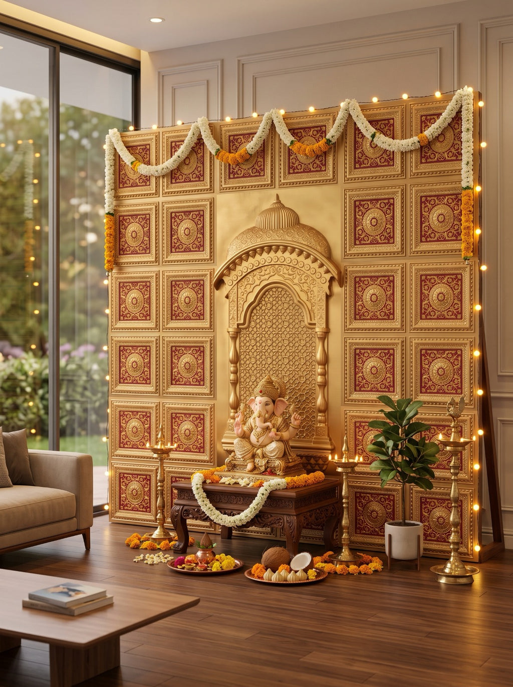 Maper Ganpati Backdrop Panel — Gold Red 2×2 Four-Partition 3