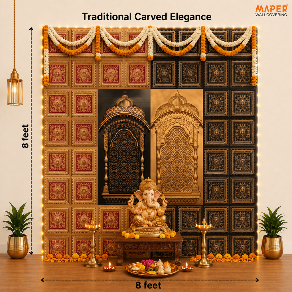 Antique Gold and Gold Red Ganpati backdrop AG-RG-2 — assembled 8 × 8 ft layout