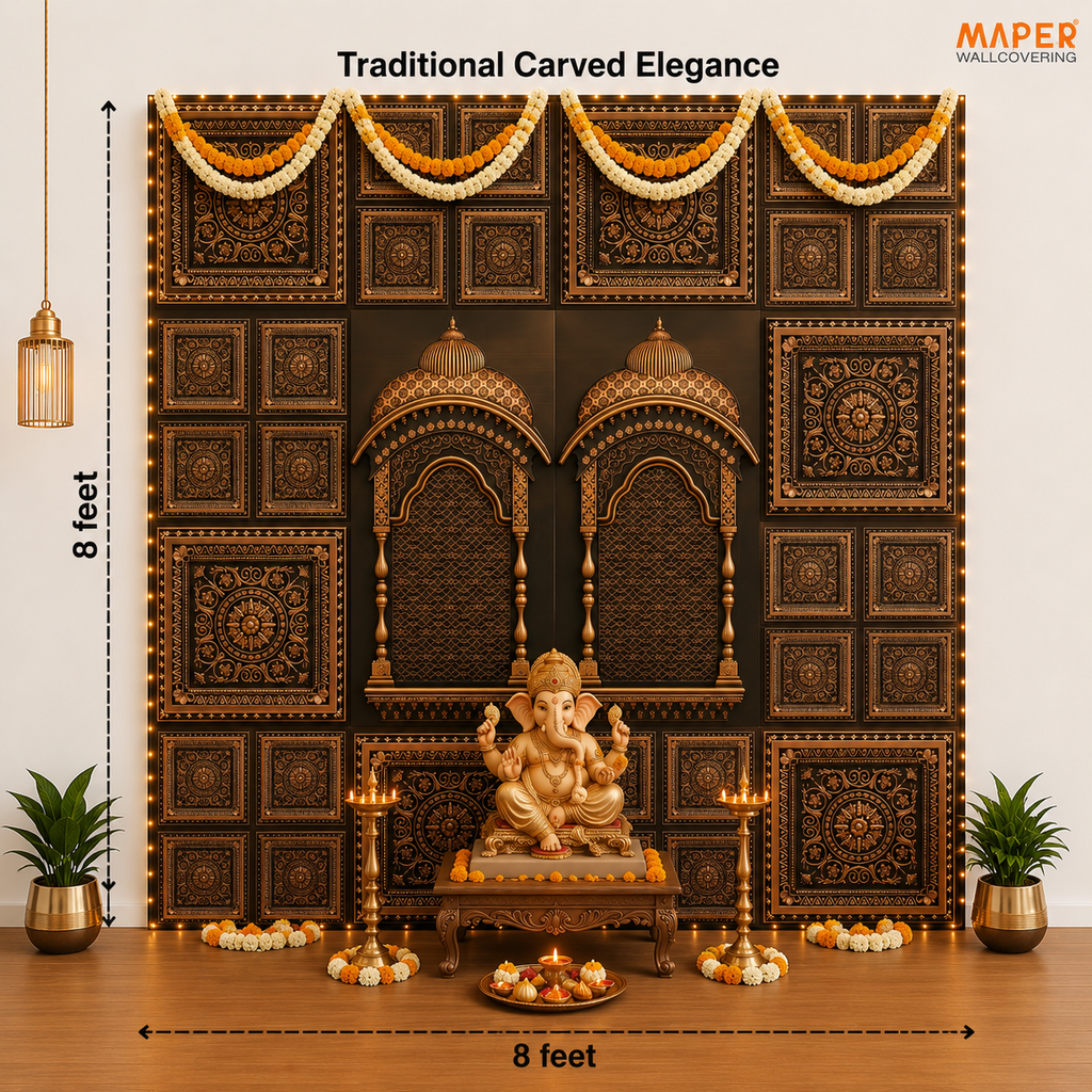 Antique Gold Ganpati backdrop AG-2 — assembled 8 × 8 ft layout