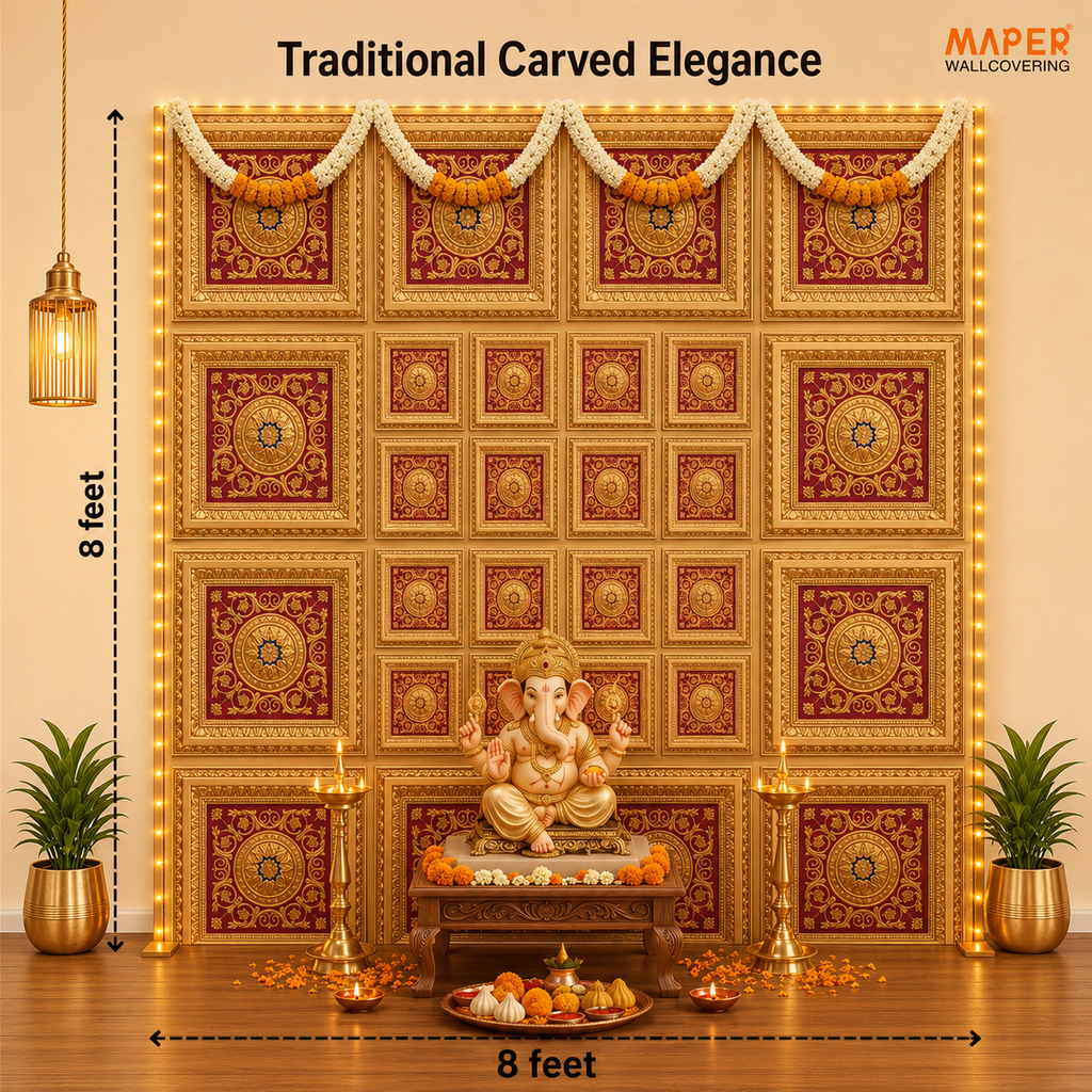Gold Red Ganpati backdrop RG-6 — assembled 8 × 8 ft layout