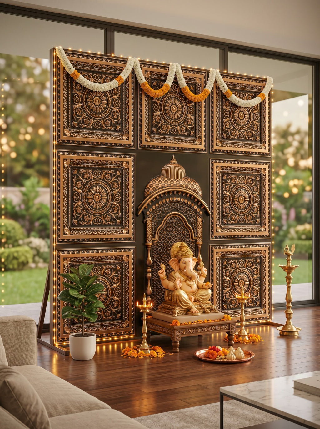 Maper Ganpati Backdrop Panel — Antique Gold 2×2 3