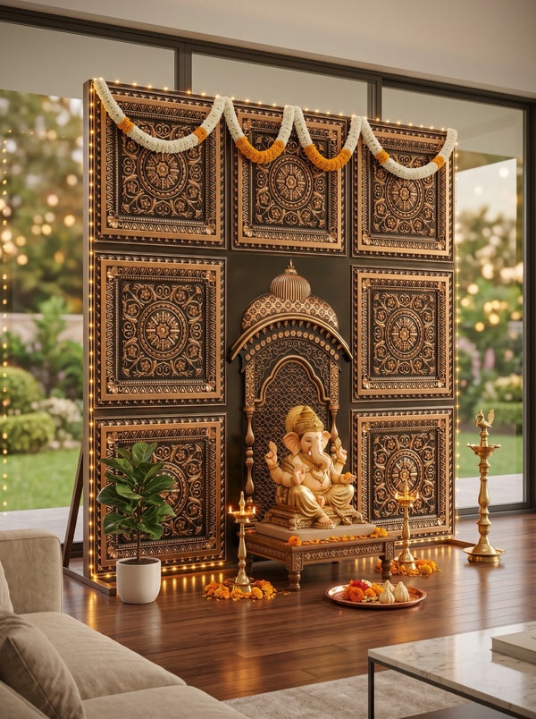 Maper Ganpati Backdrop Set — Antique Gold C1 (7-2×2 Panel, 1 Zarokha)
