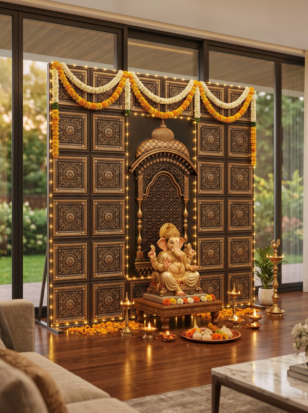 Maper Ganpati Backdrop Set — Antique Gold C3 (4-1×1 Panel, 6-Four-Partition Panel, 1 Zarokha)