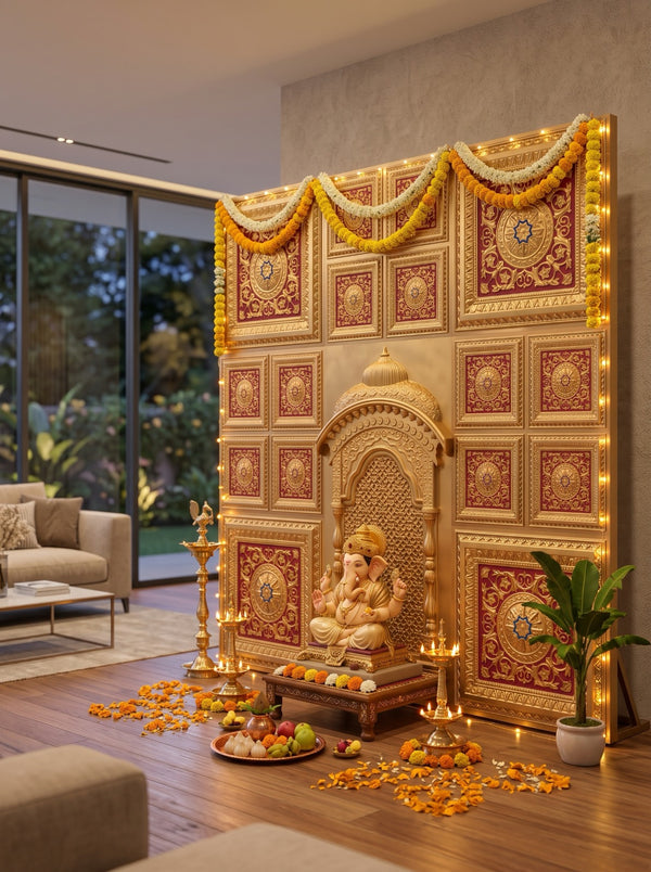 Maper Ganpati Backdrop Set — Gold Red C1 (4-2×2 Panel, 3-Four-Partition Panel, 1 Zarokha)
