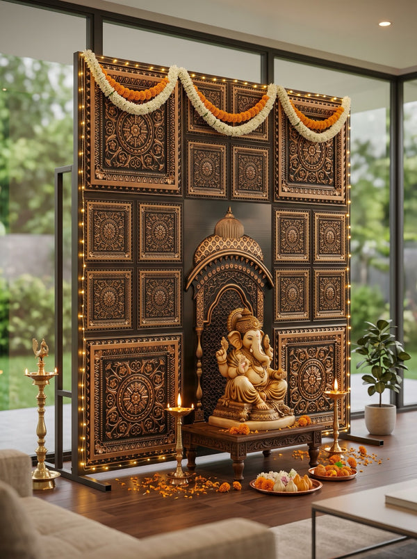 Maper Ganpati Backdrop Set — Antique Gold C2 (4-2×2 Panel, 3-Four-Partition Panel, 1 Zarokha)
