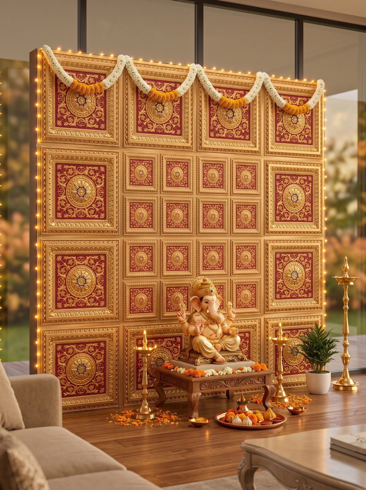 Gold Red Ganpati backdrop RG-6 styled with idol