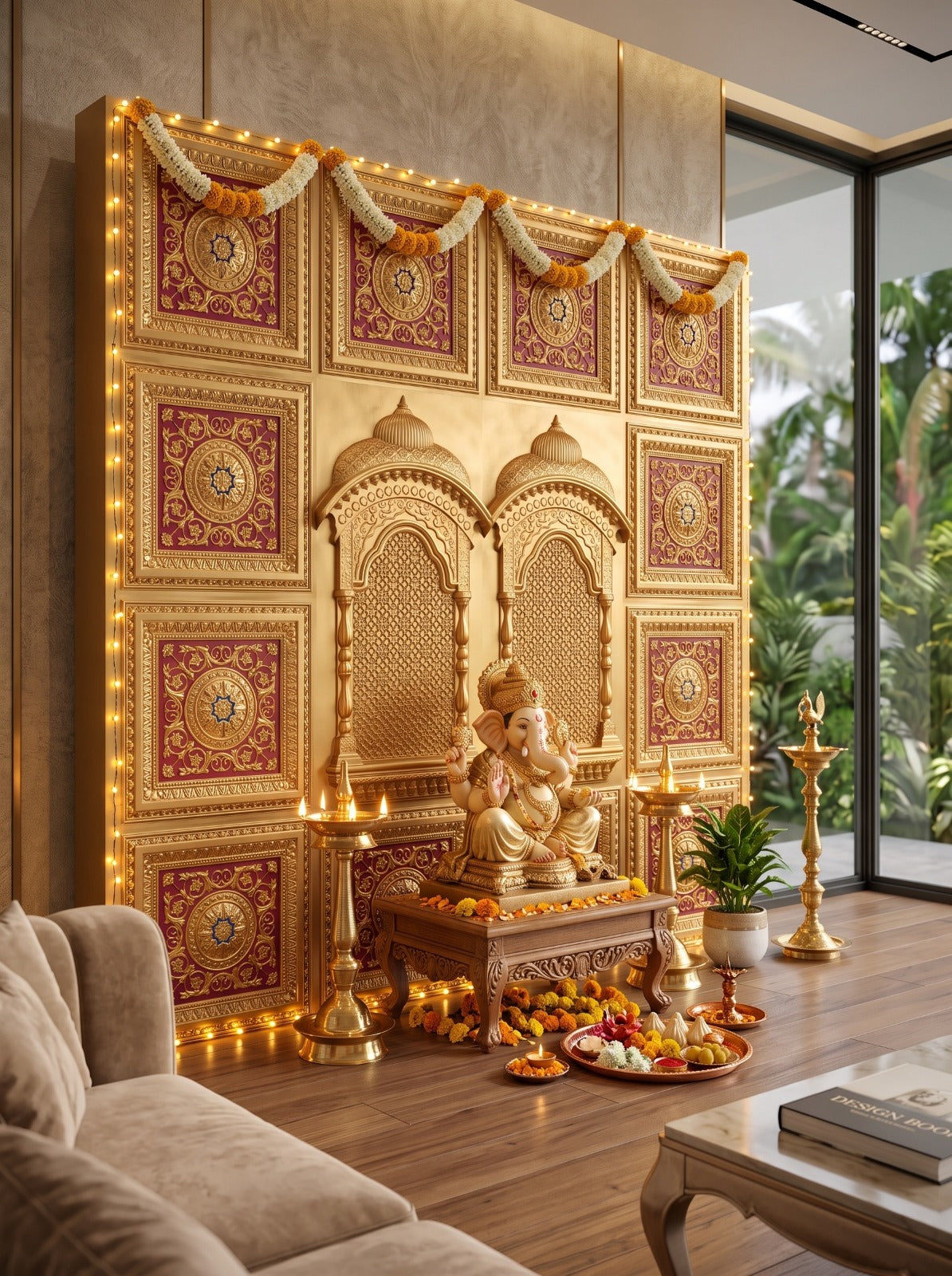 Gold Red Ganpati backdrop RG-4 styled with idol