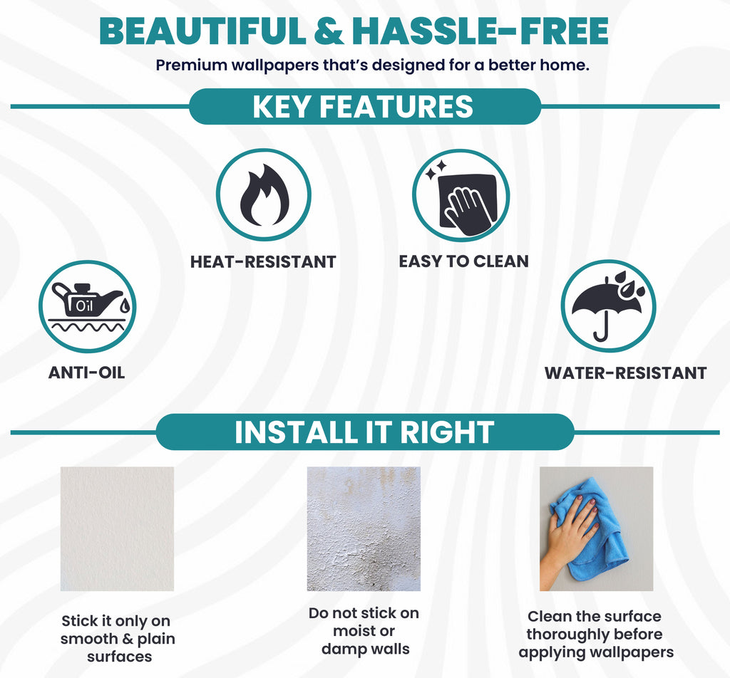 MAPER wallpaper key features: heat-resistant, easy to clean, anti-oil and water-resistant, plus surface preparation guidance