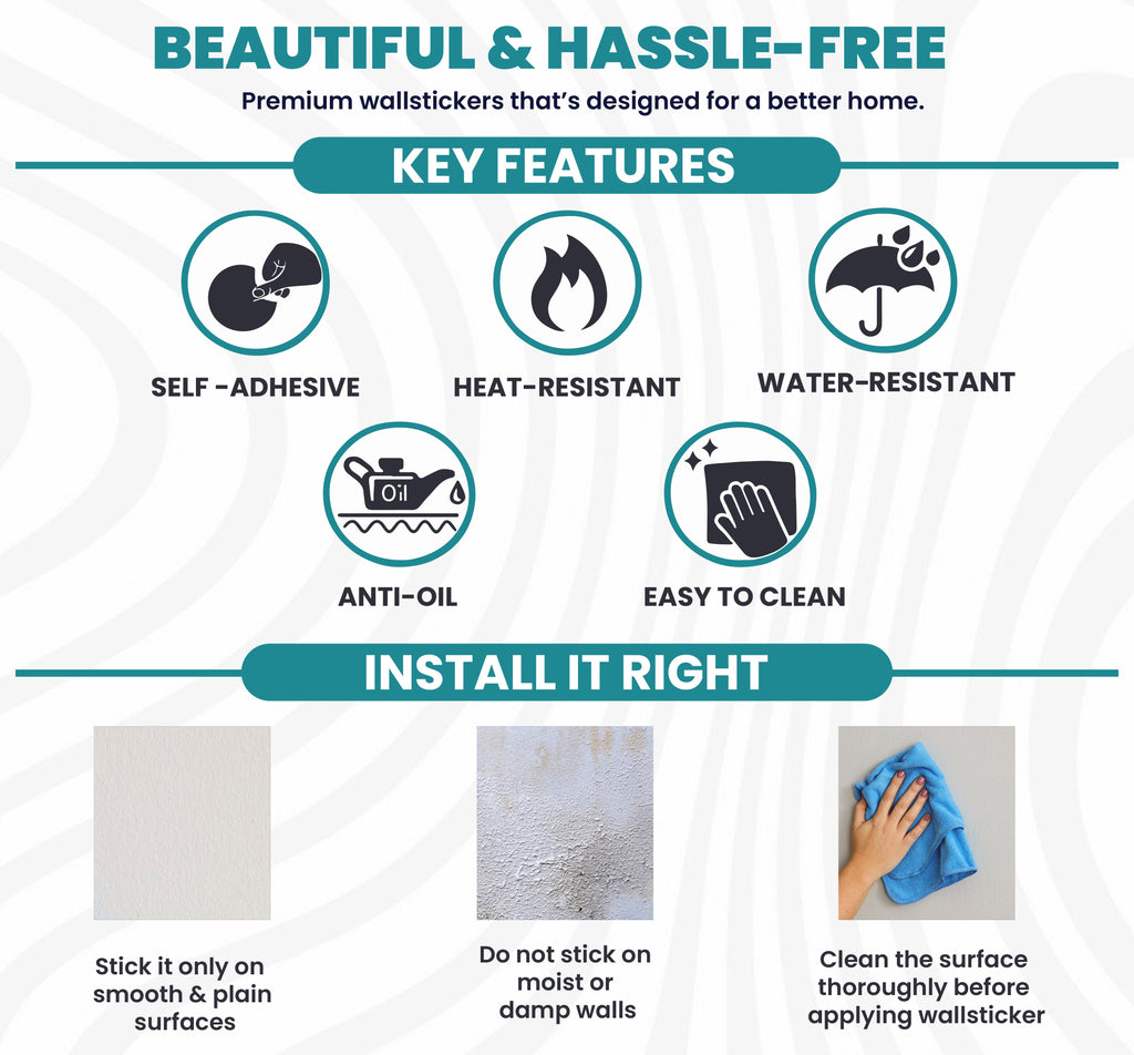 MAPER wallsticker key features: self-adhesive, heat-resistant, water-resistant, anti-oil and easy to clean, plus surface preparation guidance