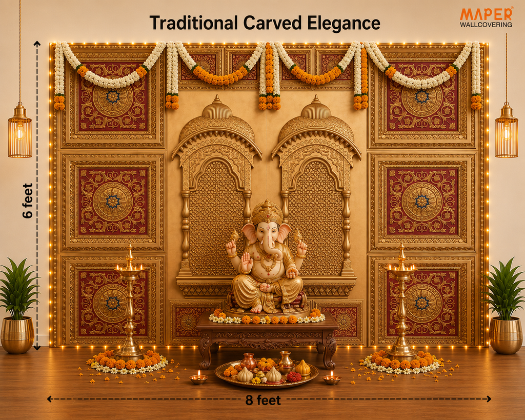 Gold Red Ganpati backdrop RG-2 — assembled 6 × 8 ft layout