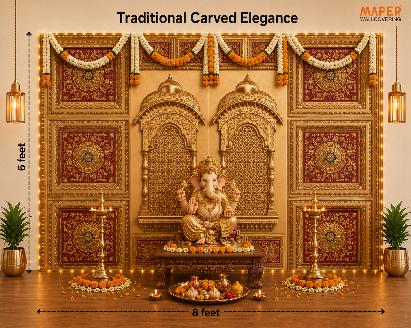 Gold Red Ganpati backdrop RG-2 — assembled 6 × 8 ft layout